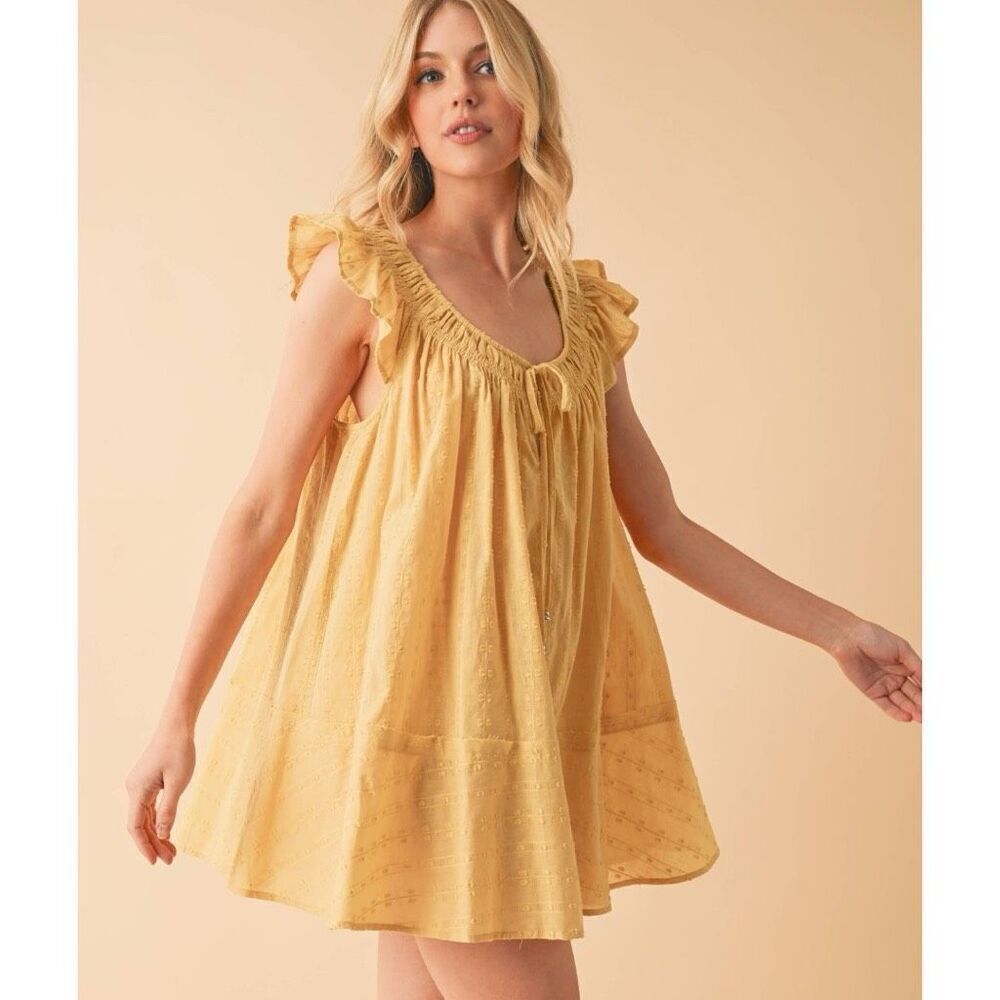 Yellow Tunic Mini Dress Ruffled Cap Sleeve Cotton NWT | Aemi+Co - Picture 5 of 14